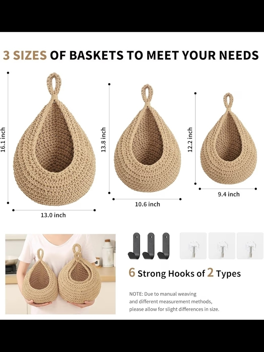 Boho Wall Hanging  Storage Baskets - Natural Beige (Set of 3
